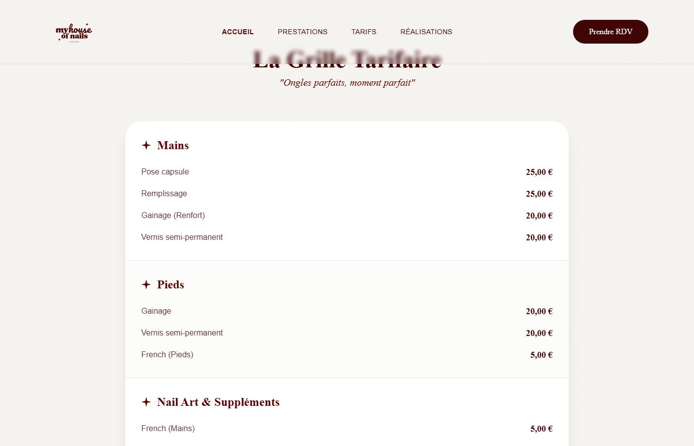 My House Of Nails - grille tarifaire